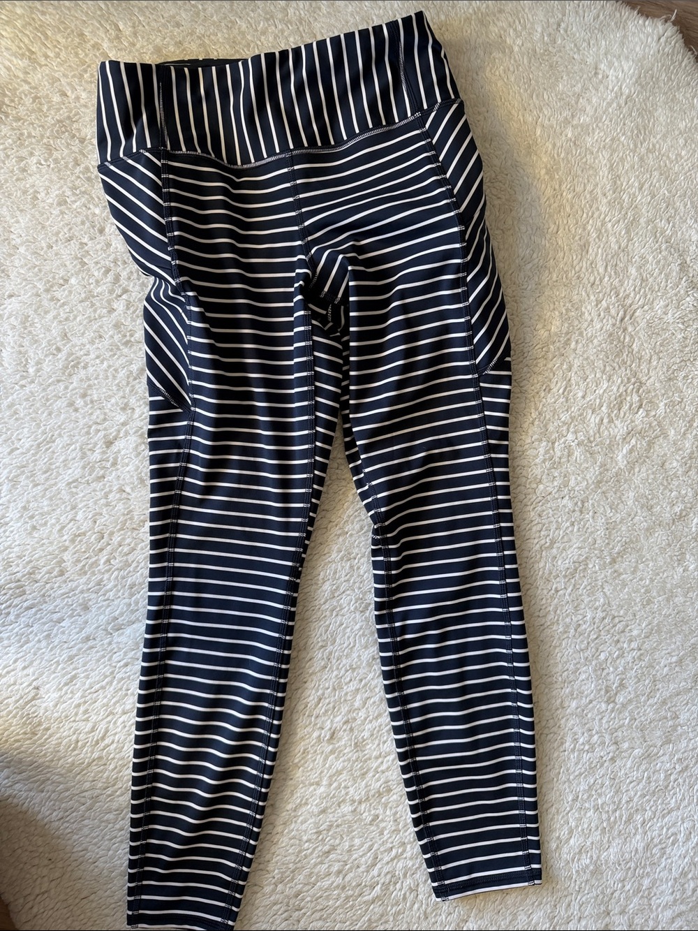 Athleta Navy and White Striped Capri Leggings with Zippered Pockets